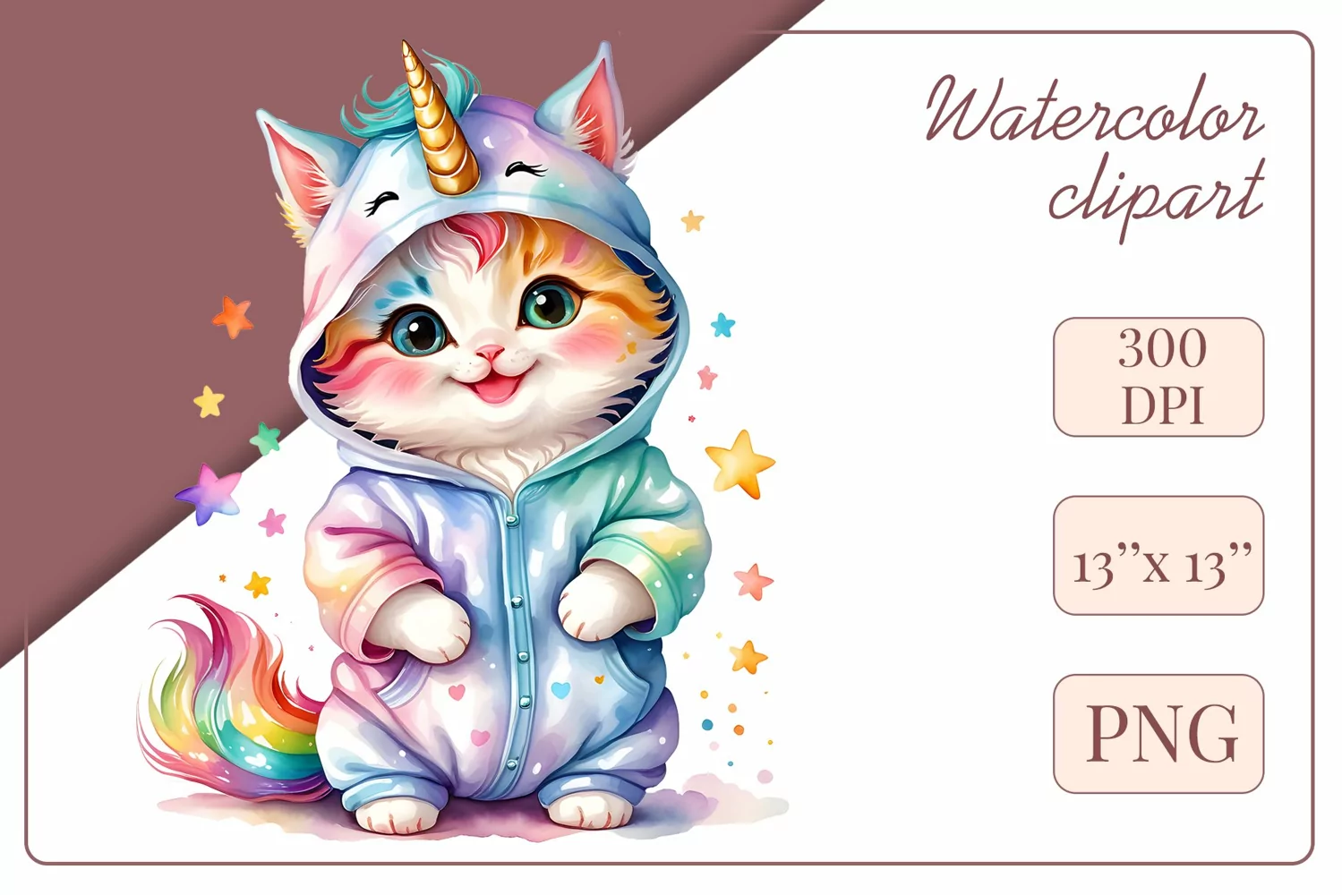 Explore the whimsical world of this charming watercolor clipart featuring an adorable kitten dressed in a magical unicorn pajama. Perfect for various creative projects including greeting cards, illustrations, fabric prints, event invitations, scrapbooking