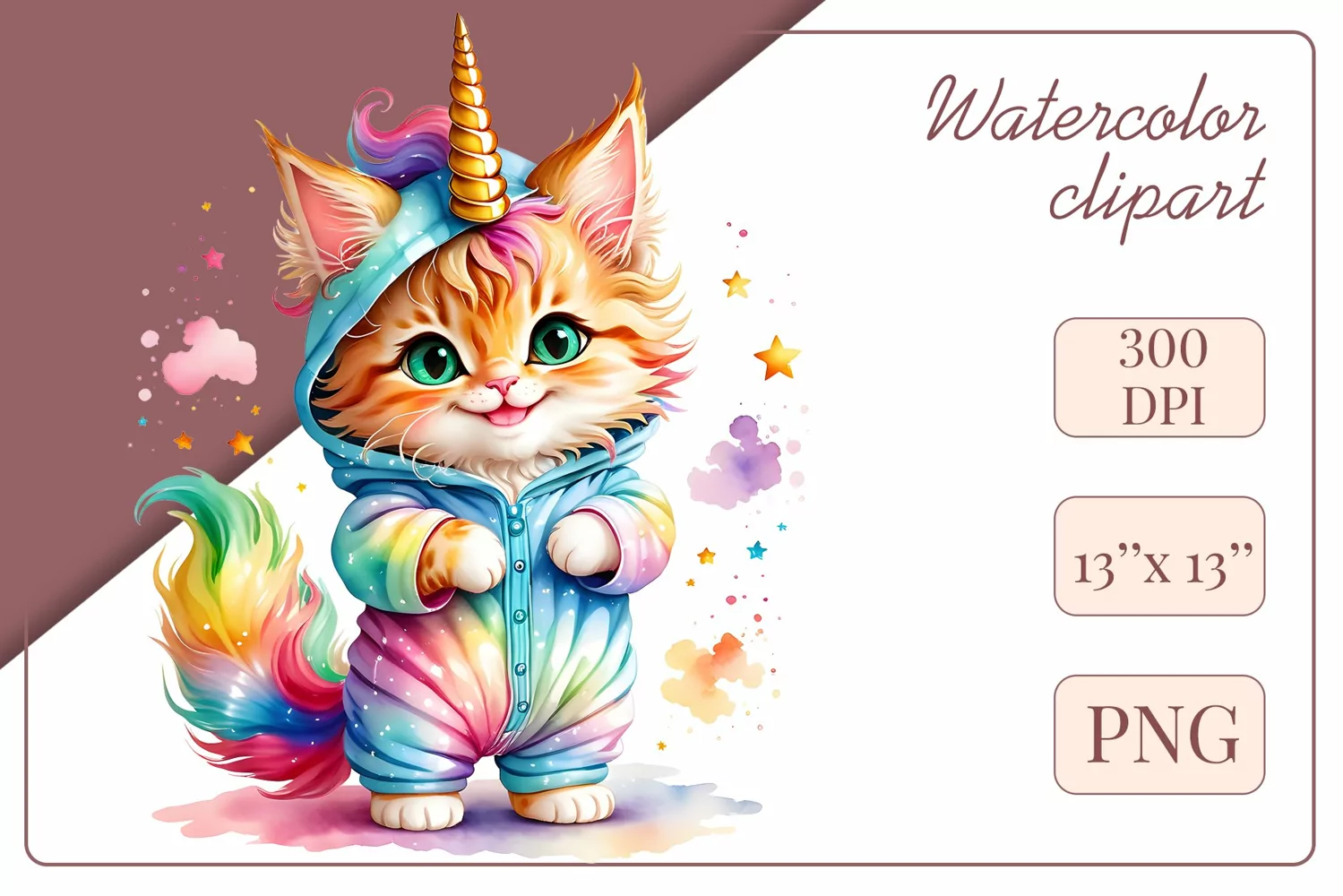 Explore the whimsical world of this charming watercolor clipart featuring an adorable kitten dressed in a magical unicorn pajama. Perfect for various creative projects including greeting cards, illustrations, fabric prints, event invitations, scrapbooking