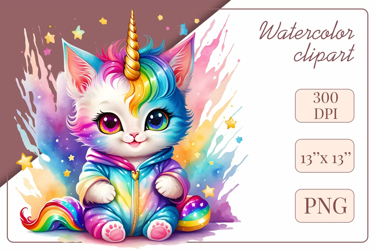 Explore the whimsical world of this charming watercolor clipart featuring an adorable kitten dressed in a magical unicorn pajama. Perfect for various creative projects including greeting cards, illustrations, fabric prints, event invitations, scrapbooking
