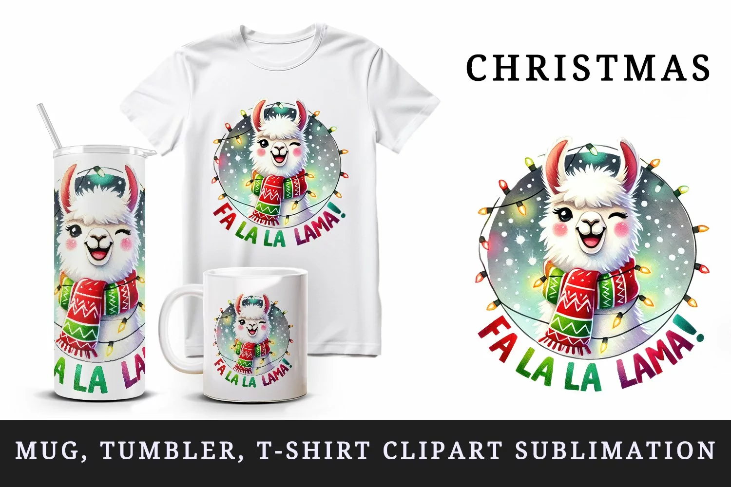 Watercolor cute llama scarf smile Christmas quote New Year winter print 20 oz tumbler skinny mug wrap clipart t-shirt sublimation printable design