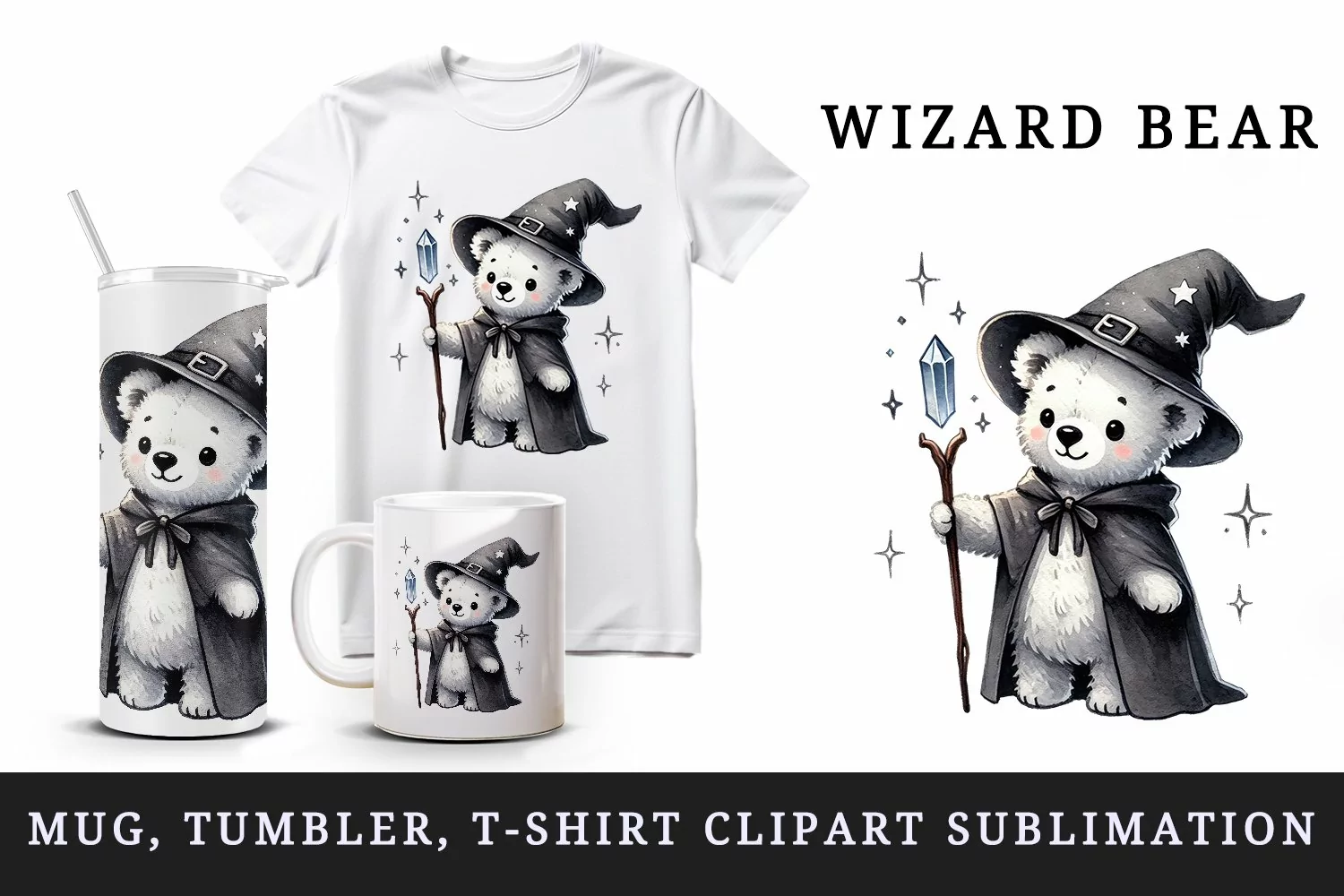 Watercolor cute magical bear cloak hat glowing crystal staff fantasy print 20 oz tumbler skinny mug wrap clipart t-shirt sublimation printable design