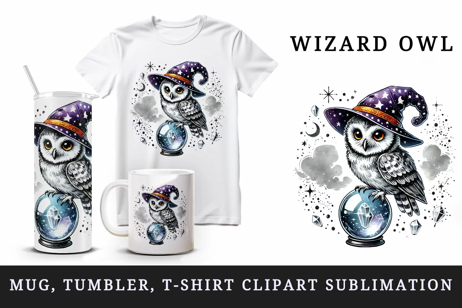 Watercolor cute magical owl with wizard hat sparkling crystal ball fantasy print tumbler skinny mug wrap clipart t-shirt sublimation printable design