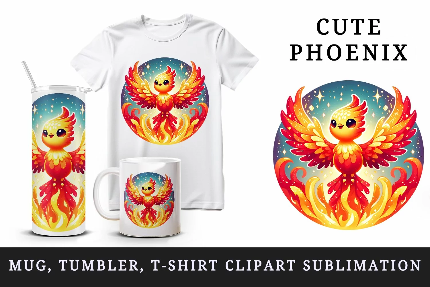 Watercolor cute majestic phoenix flames vibrant feathers fiery sparkles print tumbler skinny mug wrap clipart t-shirt sublimation printable design