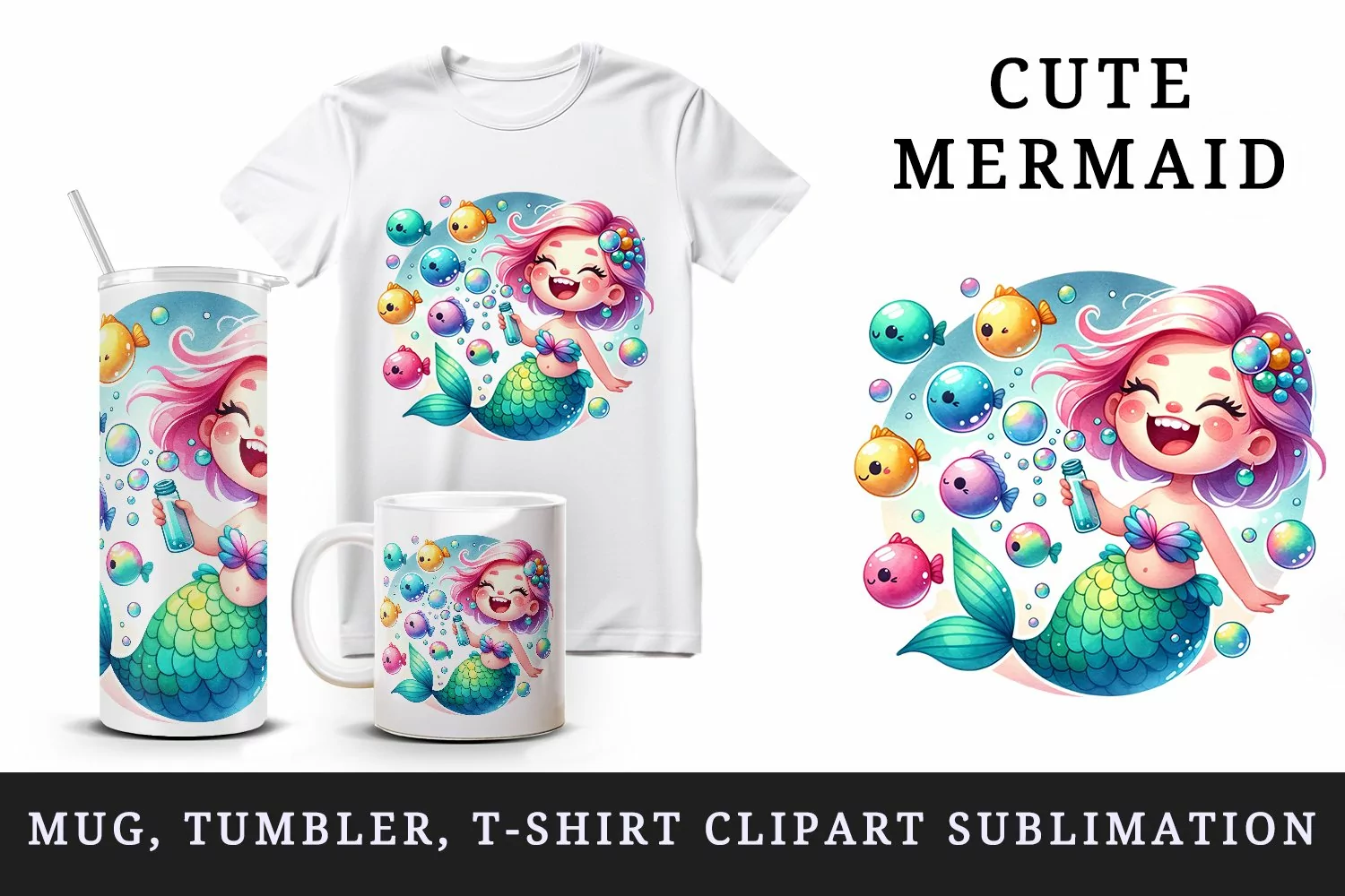 Watercolor cute mermaid infectious grin blowing bubbles colorful fish print 20 oz tumbler skinny mug wrap clipart t-shirt sublimation printable design