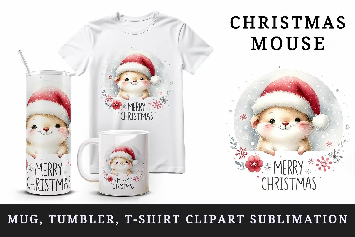 Watercolor cute mouse hat snowflakes Merry Christmas quote print 20 oz tumbler skinny mug wrap clipart t-shirt sublimation printable design
