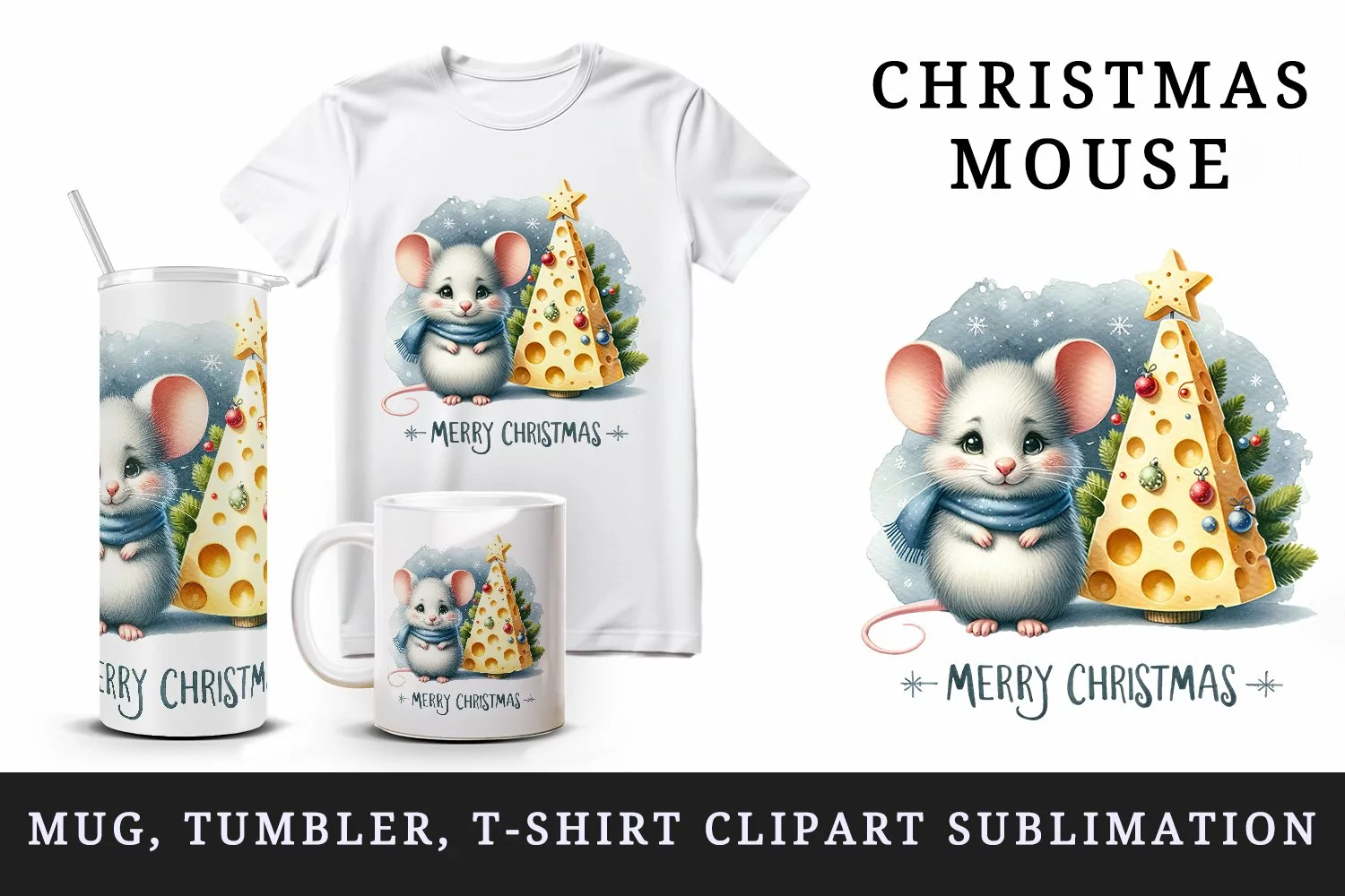 Watercolor cute mouse scarf decorated tree Merry Christmas quote print 20 oz tumbler skinny mug wrap clipart t-shirt sublimation printable design