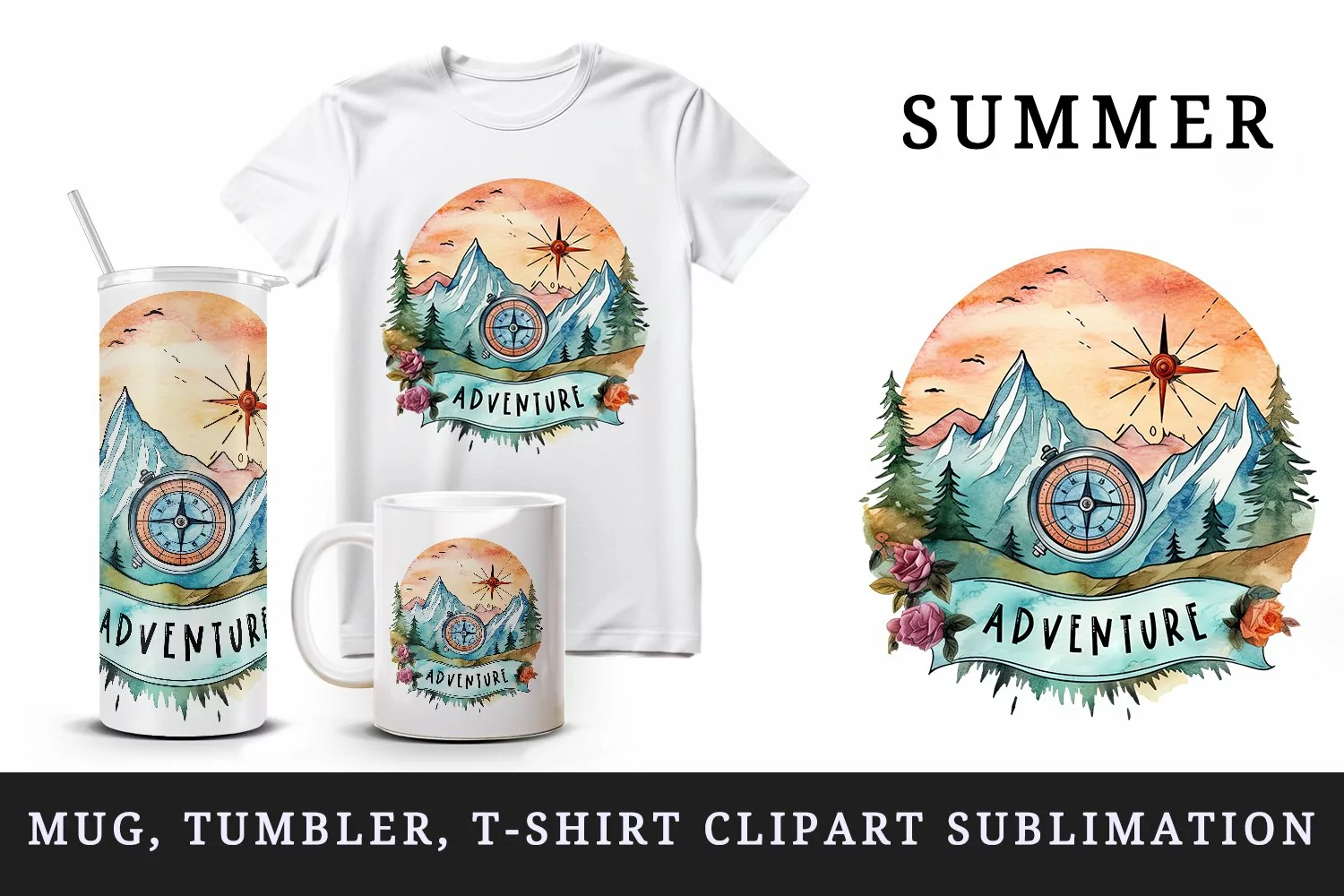 Watercolor cute nature mountains compass adventure summer camping print 20 oz tumbler skinny mug wrap clipart t-shirt sublimation printable design