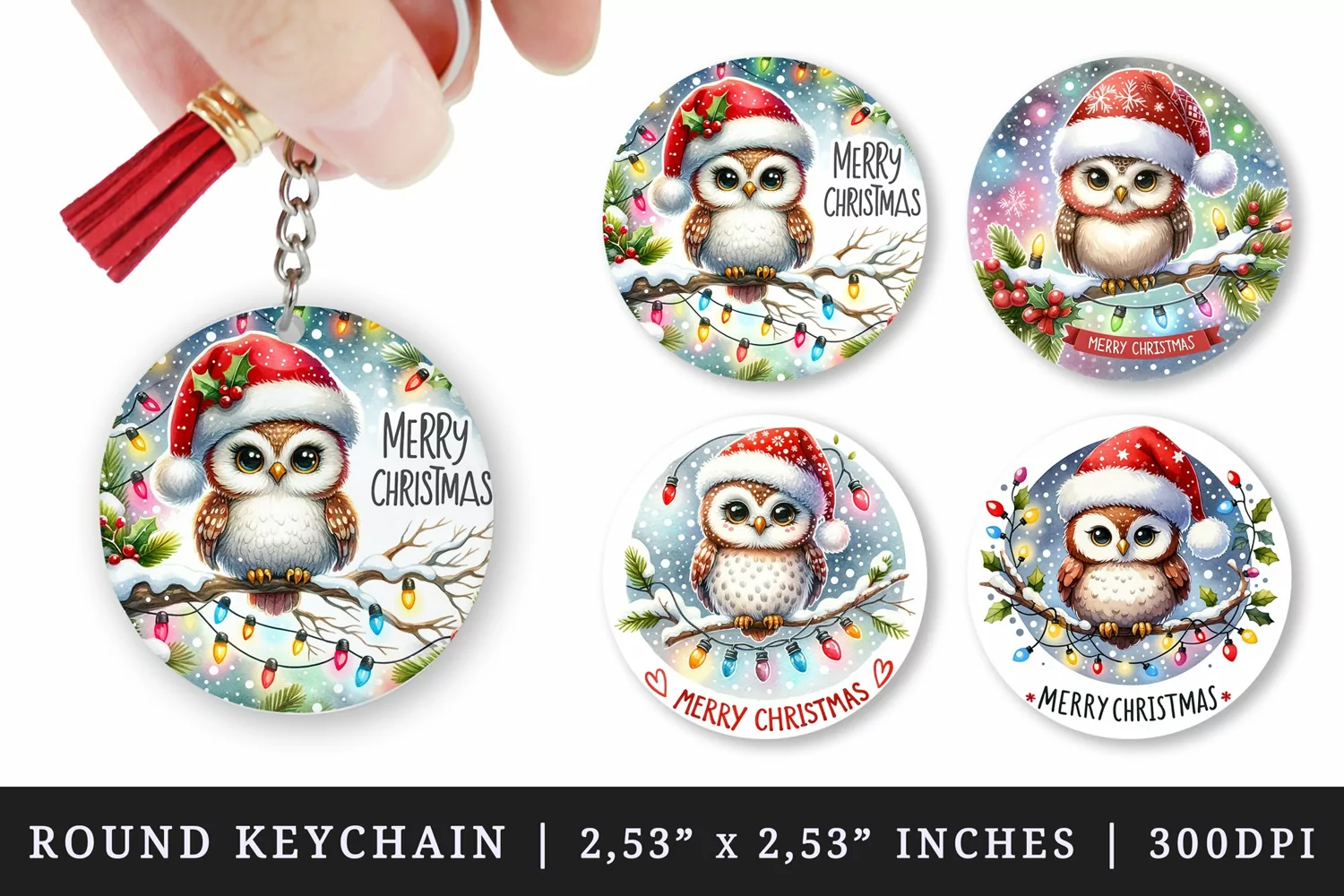 Watercolor cute owl Santa hat twinkling lights Merry Christmas quote New Year winter print round keychain keychains sublimation design