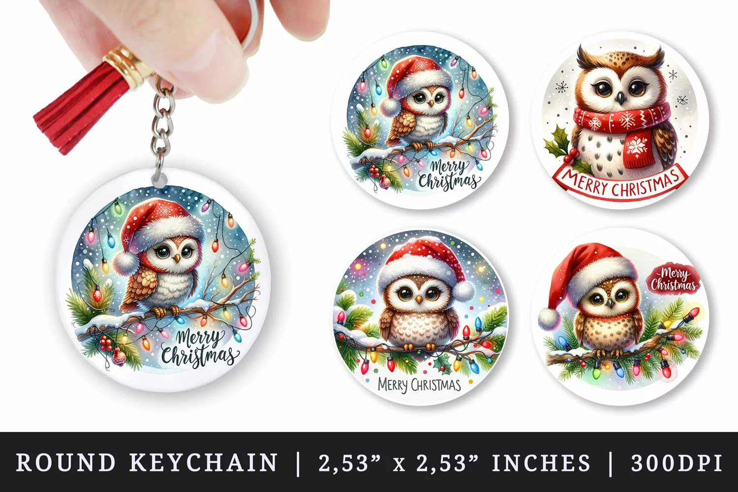 Watercolor cute owl Santa hat twinkling lights Merry Christmas quote New Year winter print round keychain keychains sublimation design
