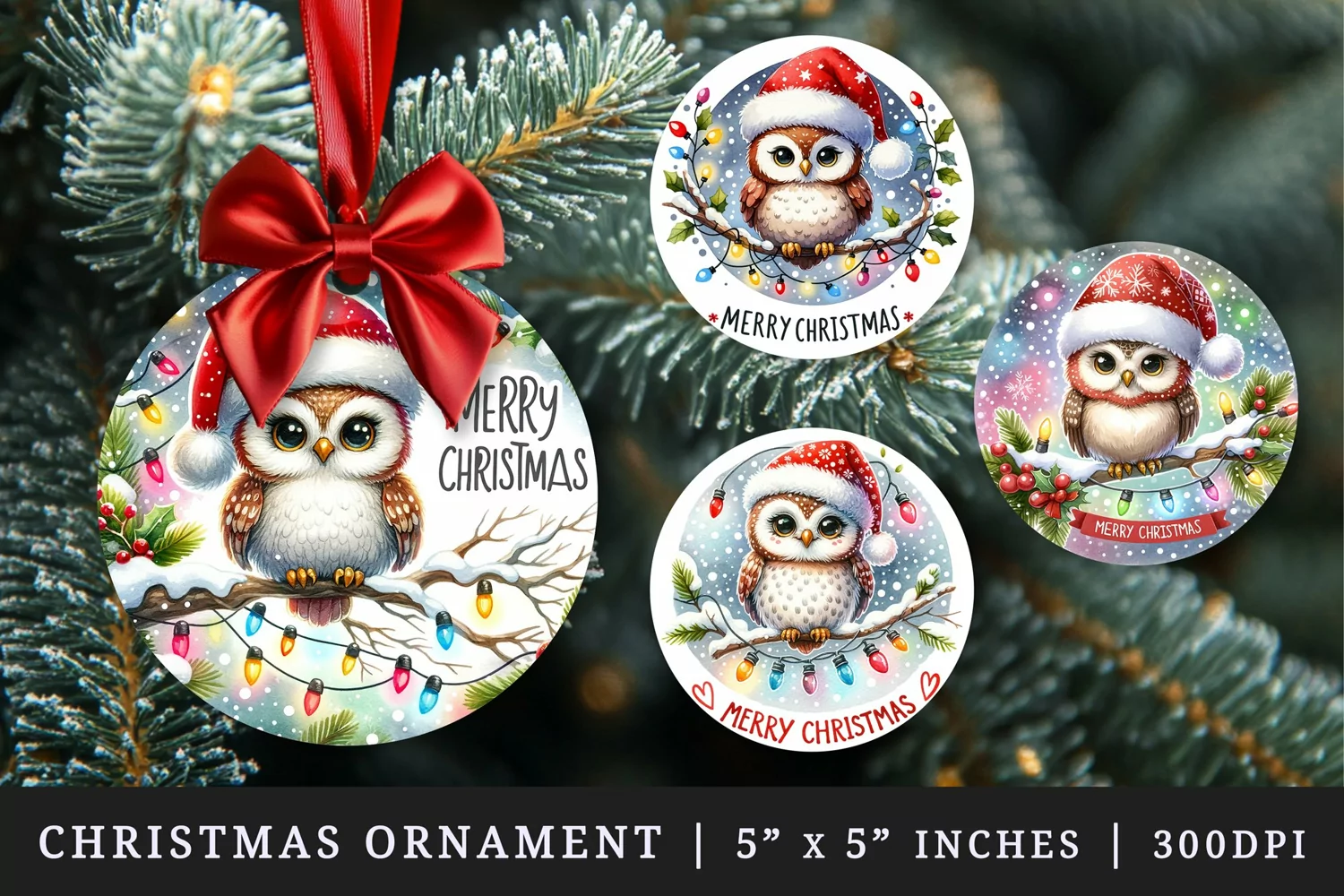 Watercolor cute owl Santa hat twinkling lights Merry Christmas quote New Year winter print round ornament ornaments sublimation design