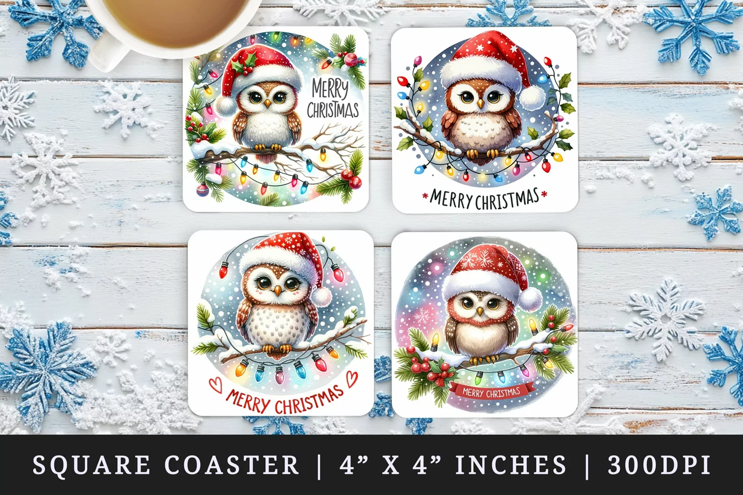 Watercolor cute owl Santa hat twinkling lights Merry Christmas quote New Year winter print square coaster mug coasters sublimation design