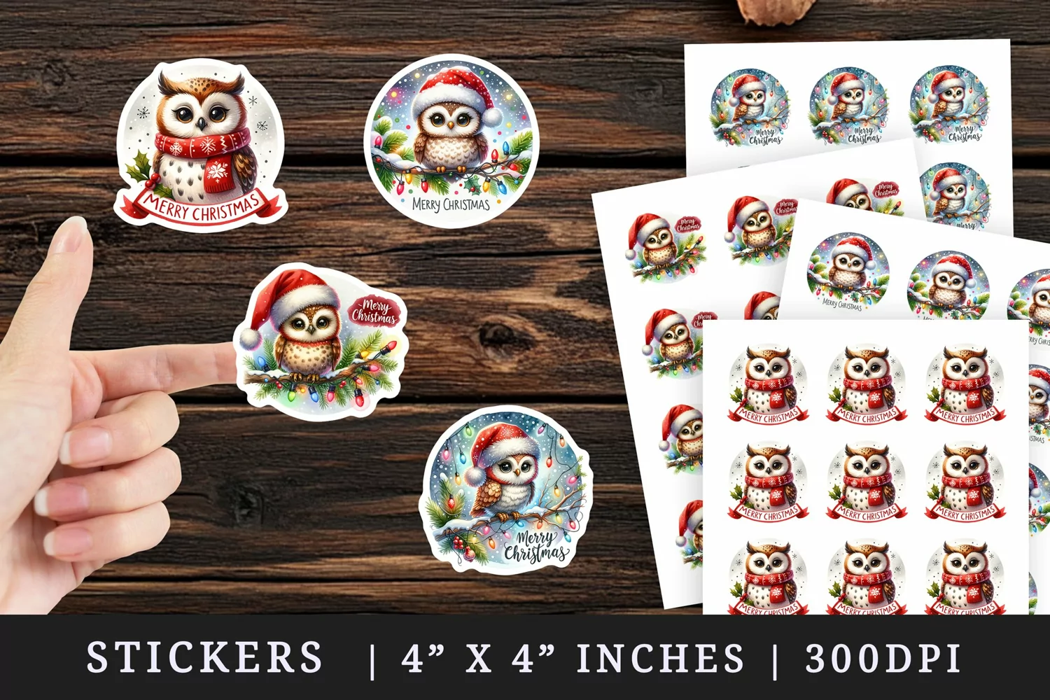 Watercolor cute owl Santa hat twinkling lights Merry Christmas quote New Year winter print sticker sheet stickers printable sublimation design png