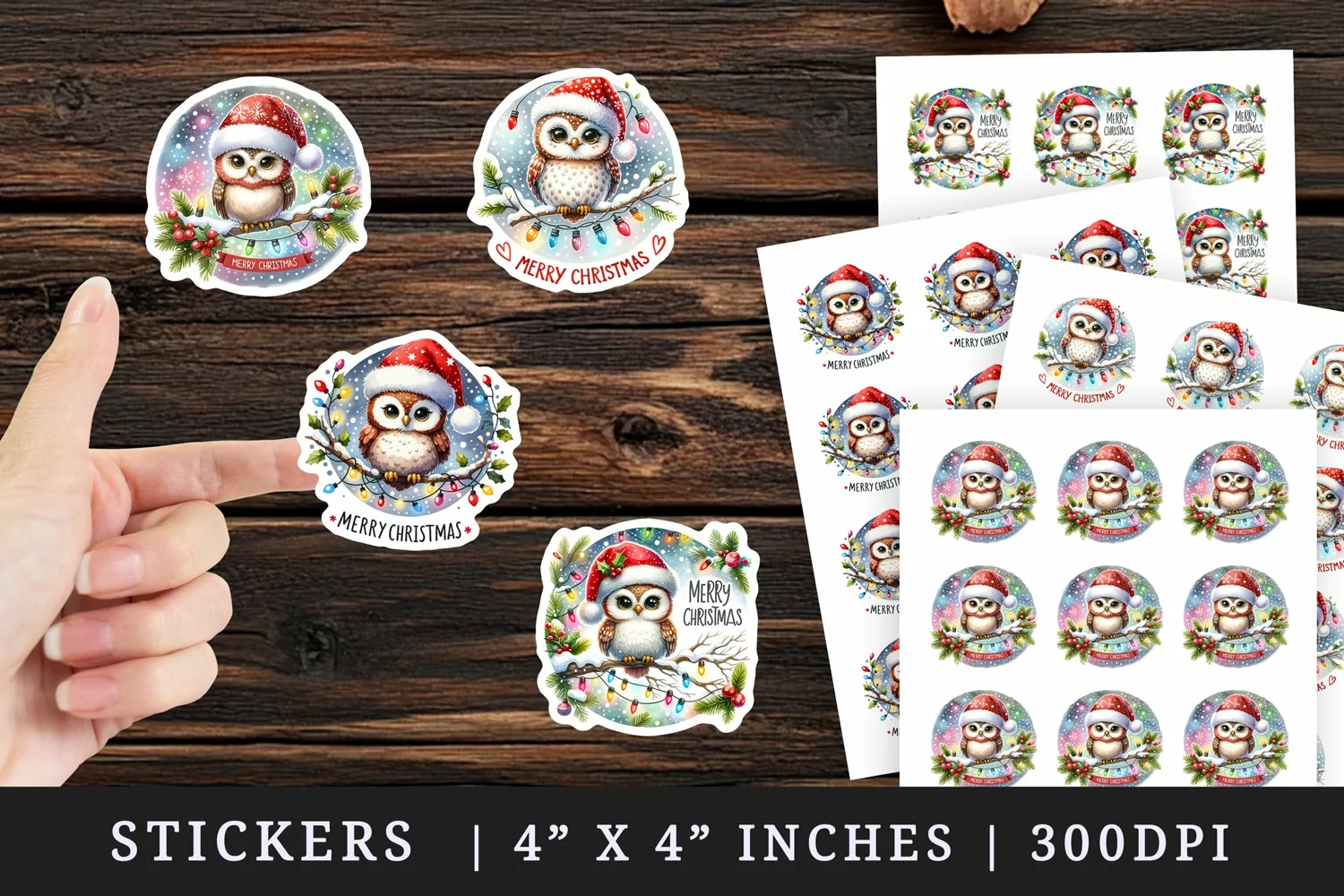 Watercolor cute owl Santa hat twinkling lights Merry Christmas quote New Year winter print sticker sheet stickers printable sublimation design png