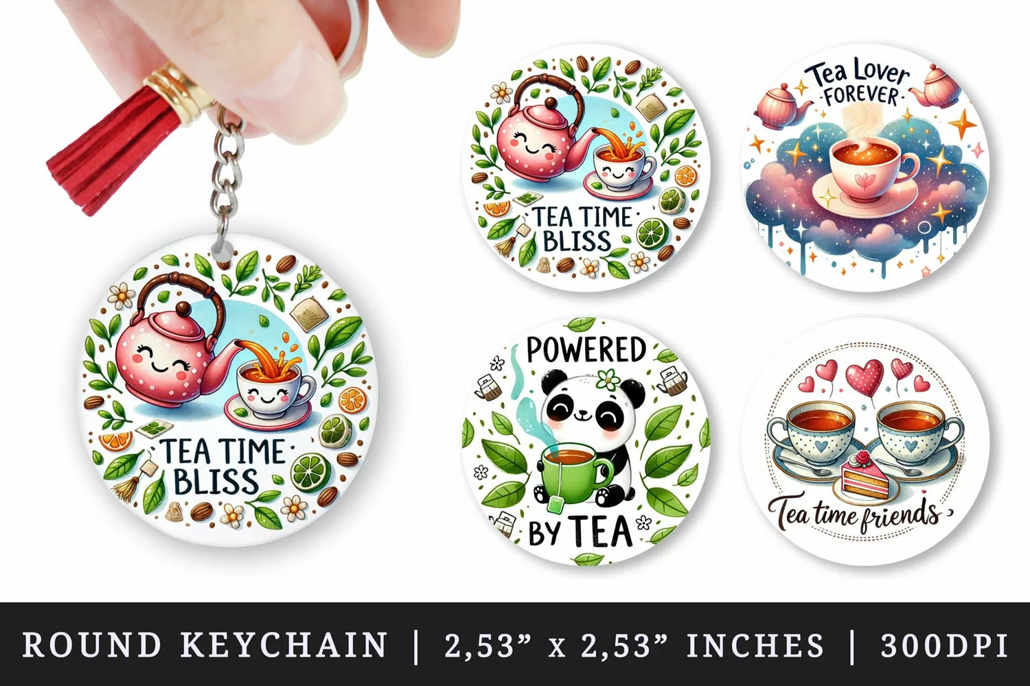 Watercolor cute panda cup of tea teacups teapot slice of cake leaves tea time tea lover quote print round keychain keychains sublimation design