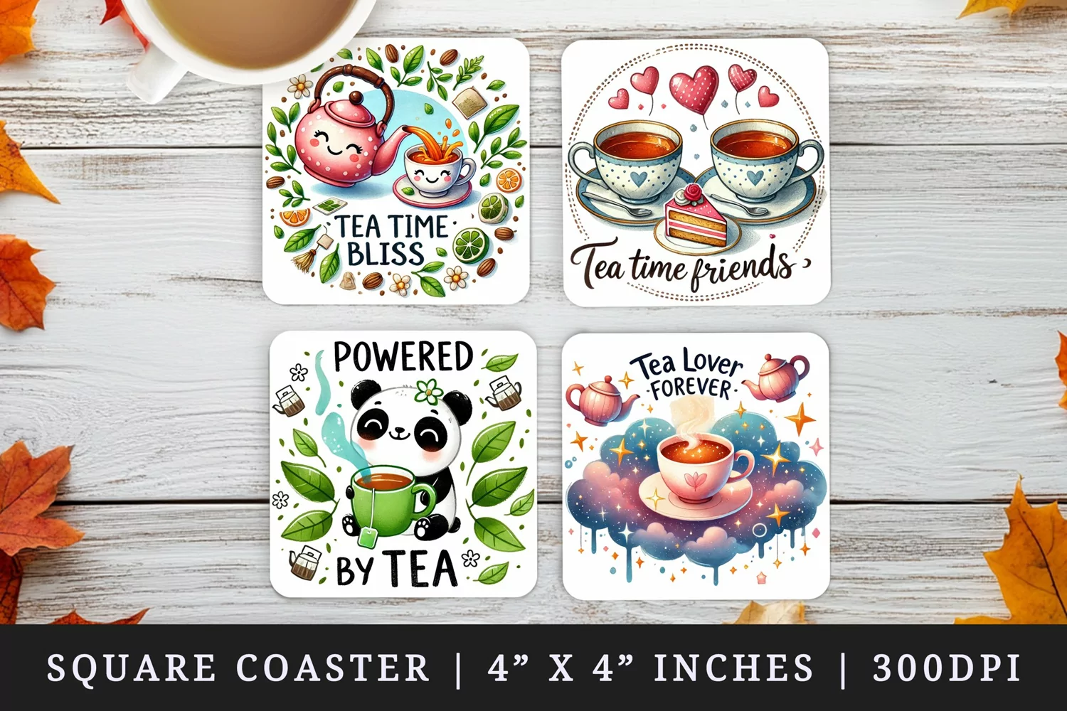 Watercolor cute panda cup of tea teacups teapot slice of cake leaves tea time tea lover quote print square coaster mug coasters sublimation design