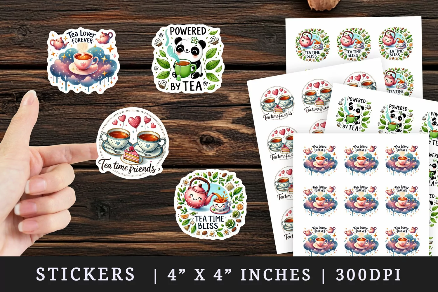 Watercolor cute panda cup of tea teacups teapot slice of cake leaves tea time tea lover quote print sticker sheet stickers printable sublimation design png