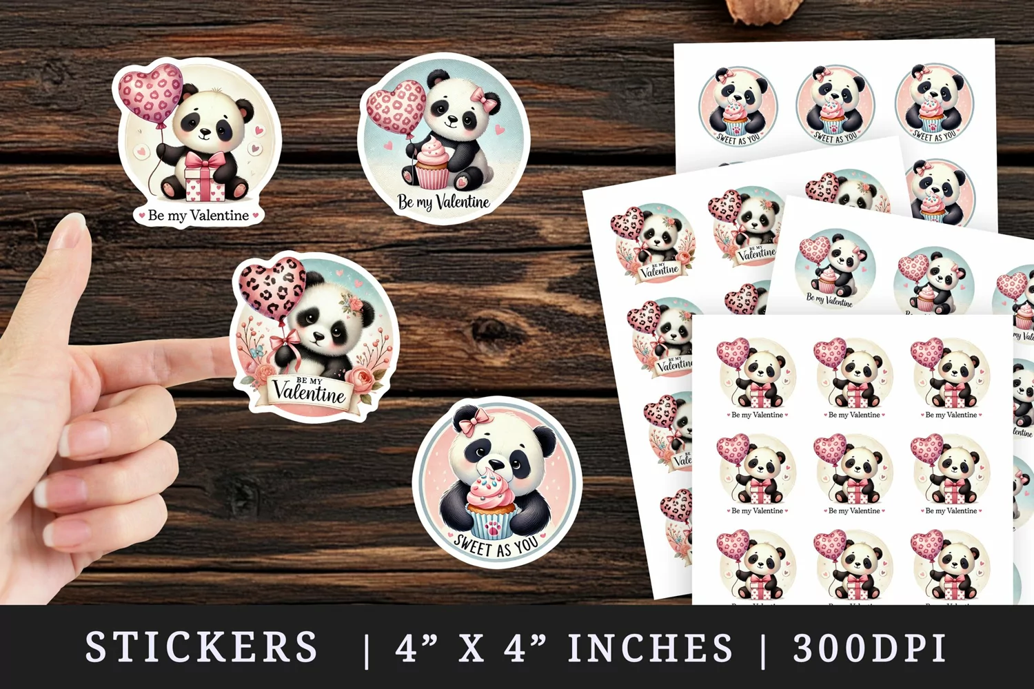 Watercolor cute panda holding heart balloon cupcake pink leopard Valentines Day quote love print sticker sheet stickers printable sublimation design png