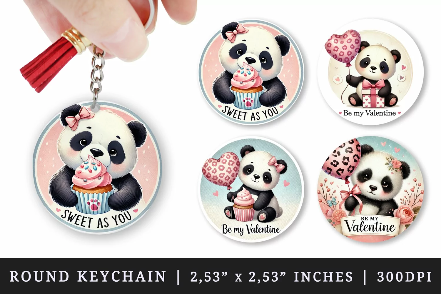 Watercolor cute panda holding heart-shaped balloon cupcake pink leopard Valentines Day quote love print round keychain keychains sublimation design