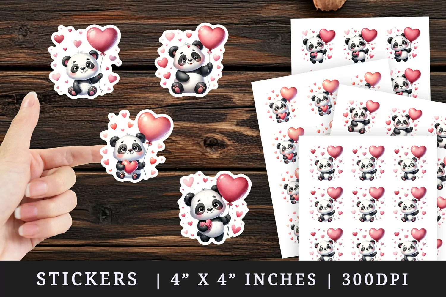 Watercolor cute panda holding red balloon floating pink hearts Valentines Day love print sticker sheet stickers printable sublimation design png