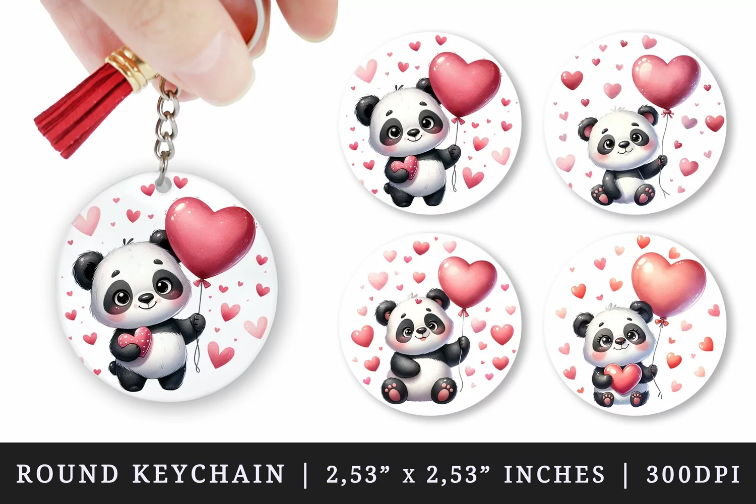 Watercolor cute panda holding red heart-shaped balloon floating pink hearts Valentines Day love print round keychain keychains sublimation design