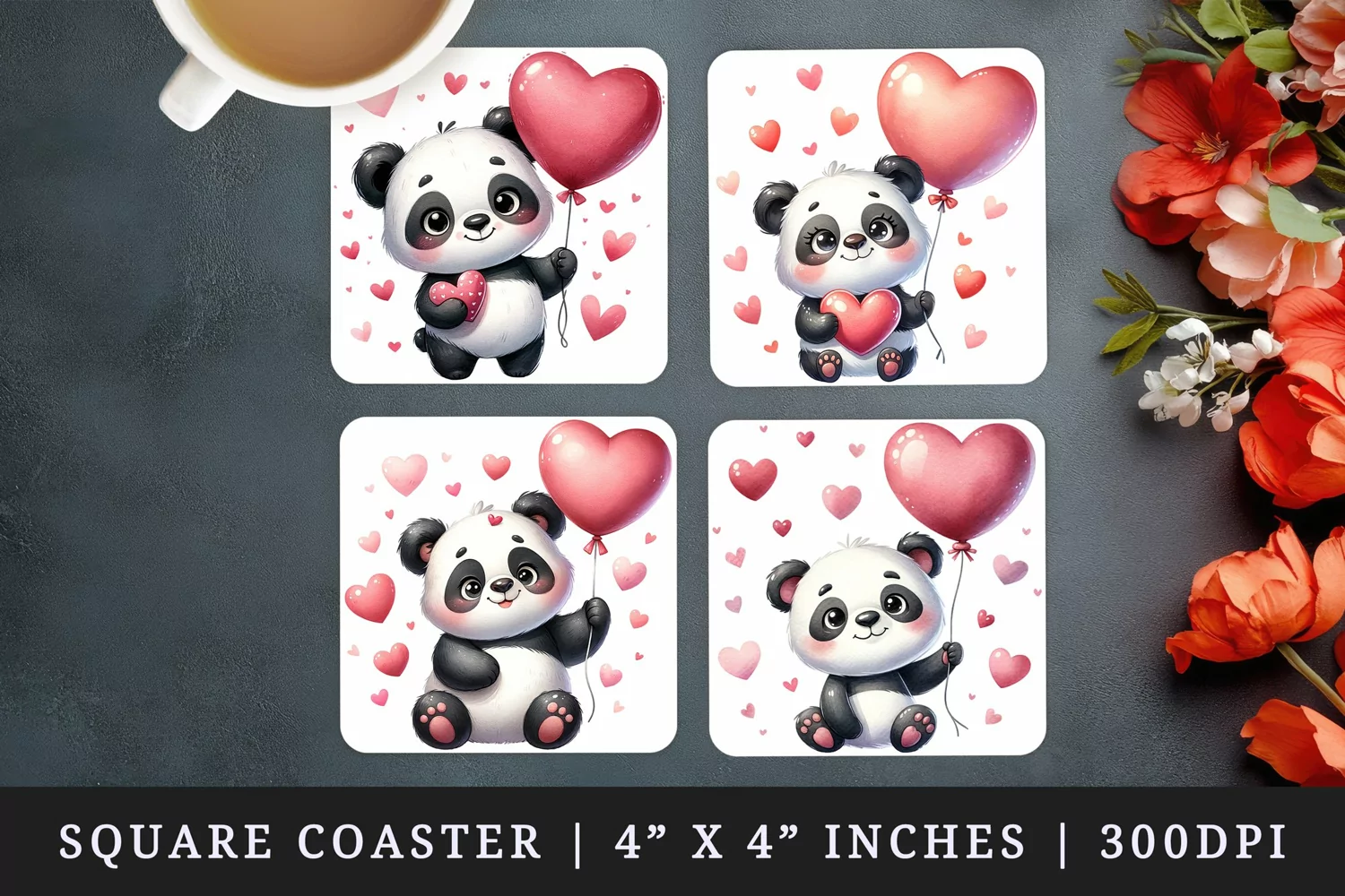 Watercolor cute panda holding red heart-shaped balloon floating pink hearts Valentines Day love print square coaster mug coasters sublimation design