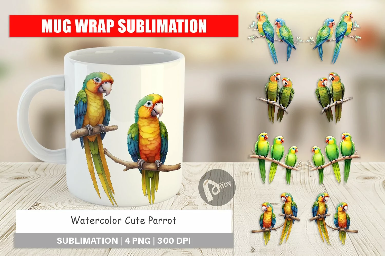 Mug Wrap Design Watercolor Parrot product image 1
