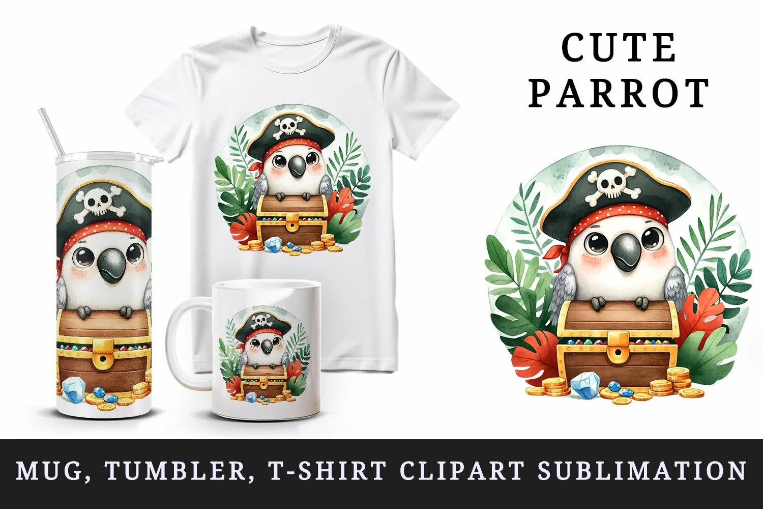 Watercolor cute parrot pirate hat treasure chest tropical foliage print 20 oz tumbler skinny mug wrap clipart t-shirt sublimation printable design