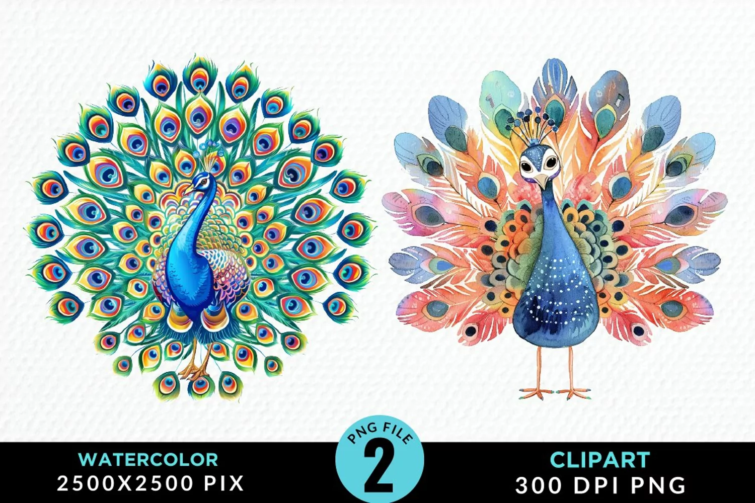Watercolor Cute Peacock Illustration Clipart product image 1