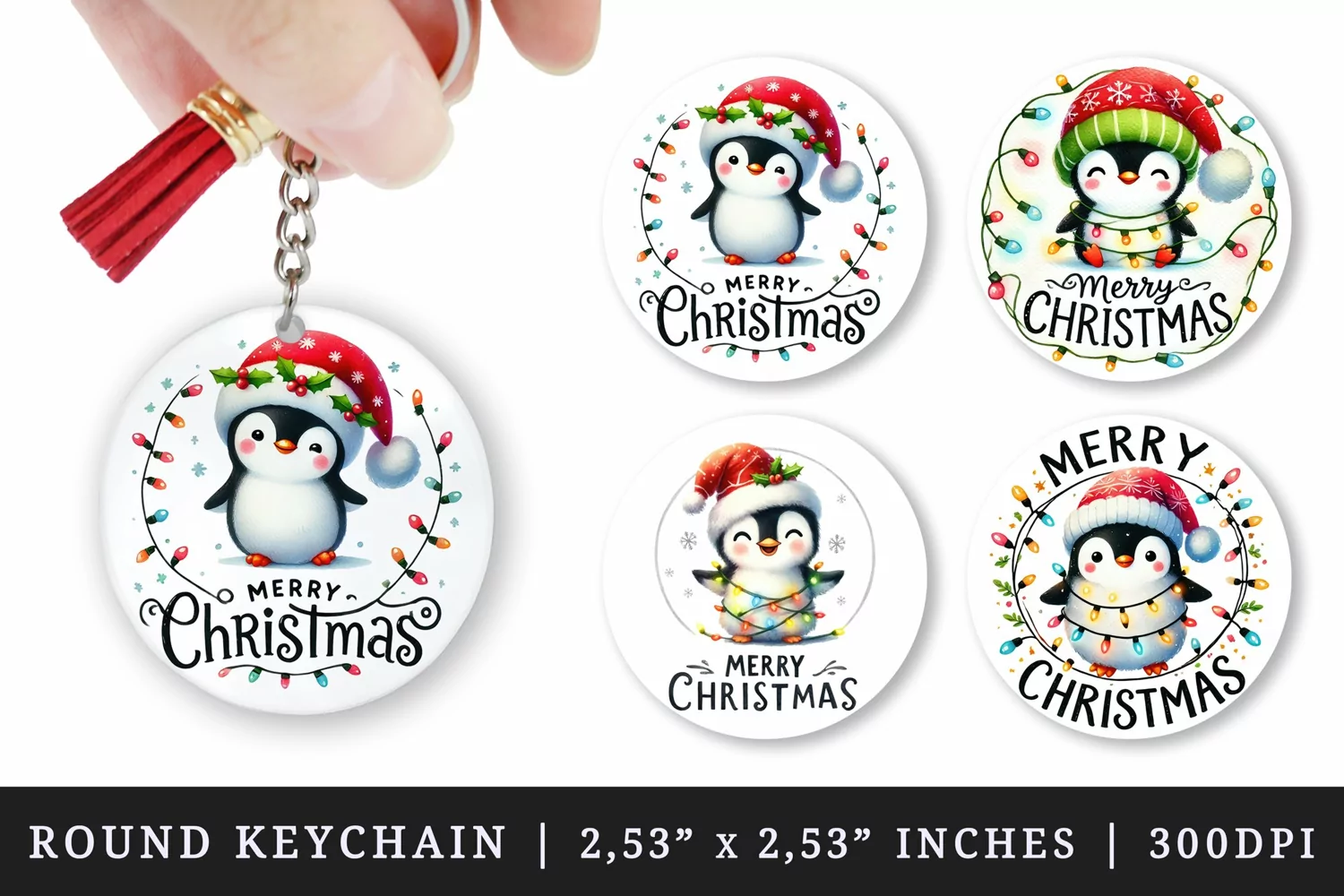 Watercolor cute penguin adorned with twinkling lights Merry Christmas quote New Year winter print round keychain keychains sublimation design