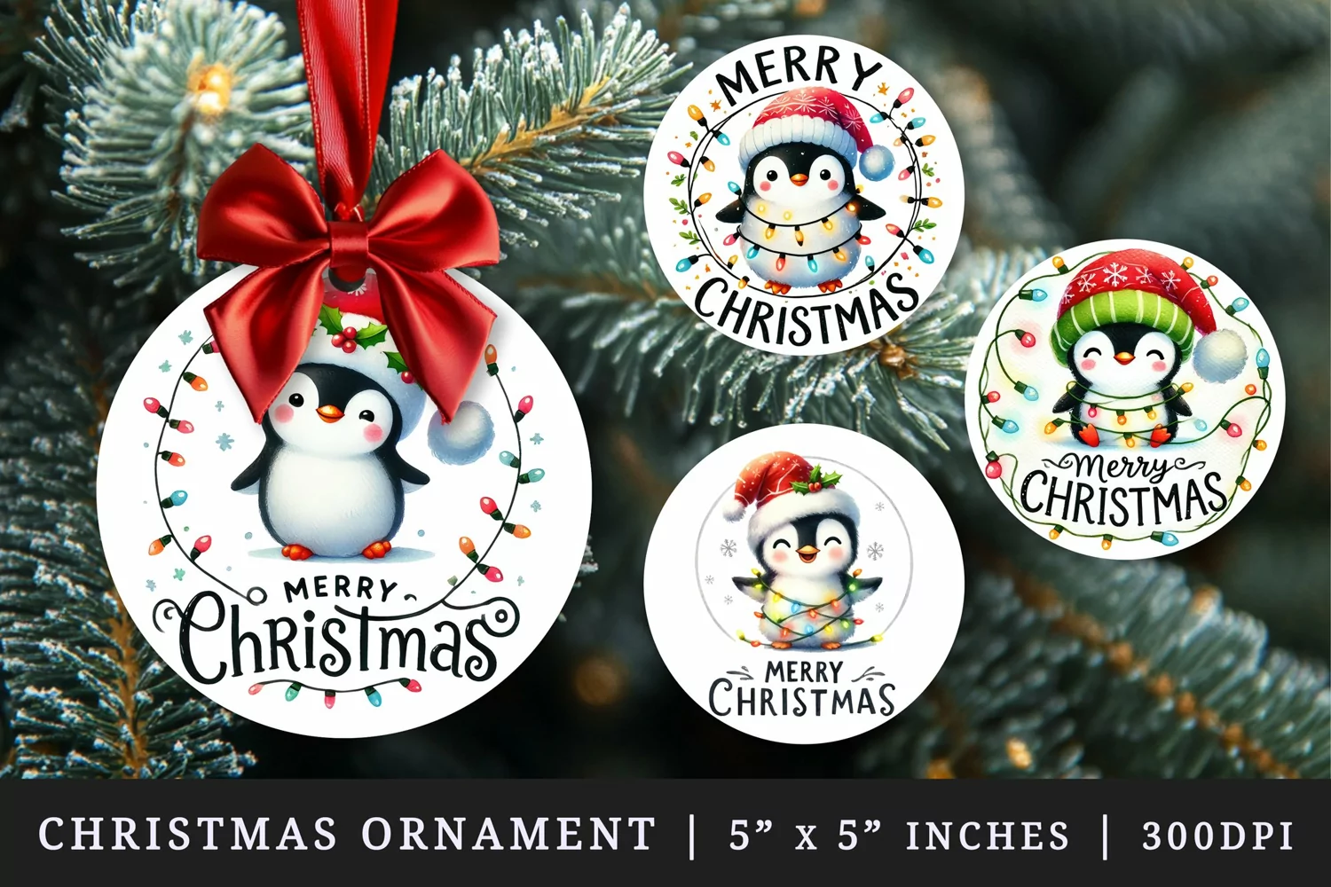 Watercolor cute penguin adorned with twinkling lights Merry Christmas quote New Year winter print round ornament ornaments sublimation design