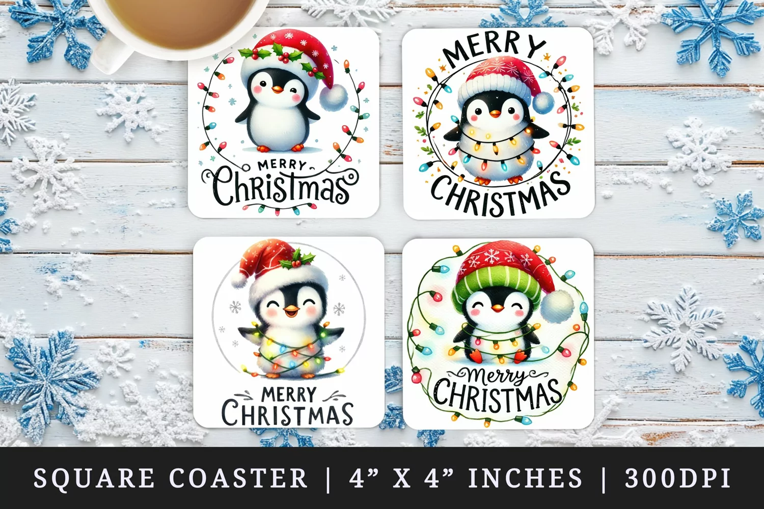 Watercolor cute penguin adorned with twinkling lights Merry Christmas quote New Year winter print square coaster mug coasters sublimation design