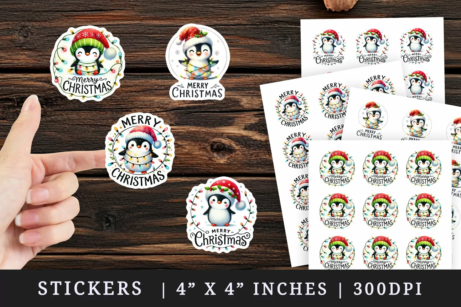 Watercolor cute penguin adorned with twinkling lights Merry Christmas quote New Year winter print sticker sheet stickers printable sublimation design png