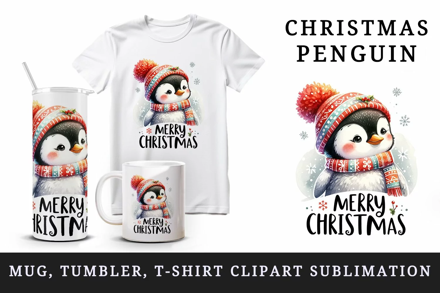 Watercolor cute penguin hat scarf Merry Christmas greeting quote print 20 oz tumbler skinny mug wrap clipart t-shirt sublimation printable design