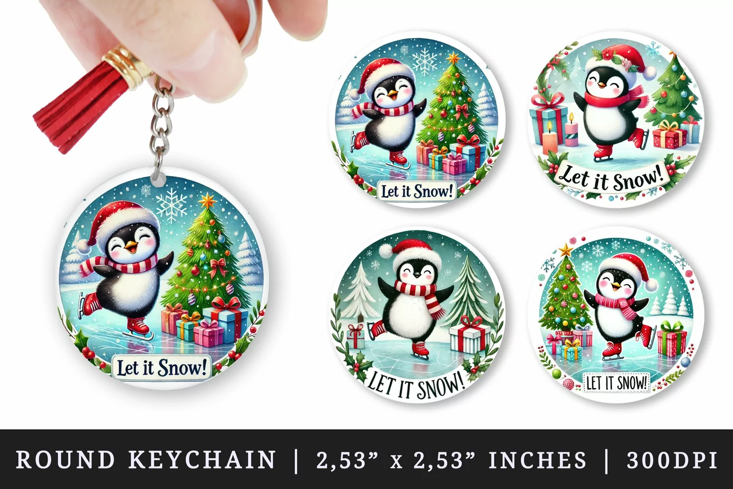 Watercolor cute penguin ice skating Christmas tree Let it Snow quote Christmas New Year winter print round keychain keychains sublimation design