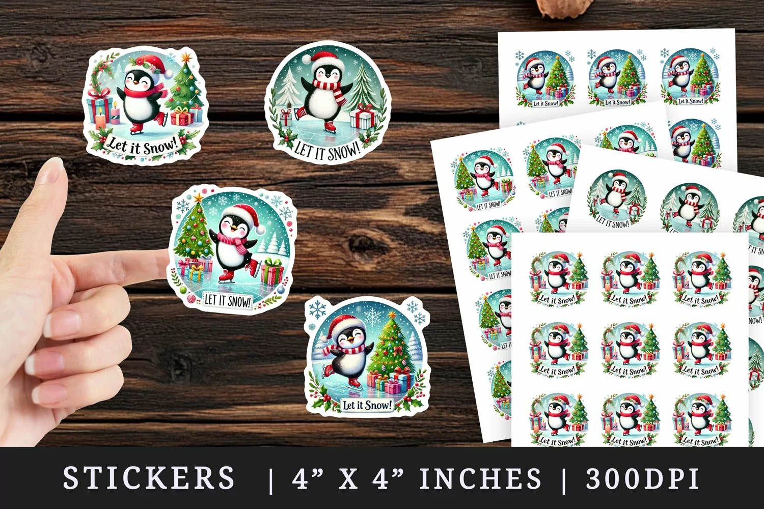 Watercolor cute penguin ice skating Christmas tree Let it Snow quote Christmas New Year winter print sticker sheet stickers printable sublimation design png