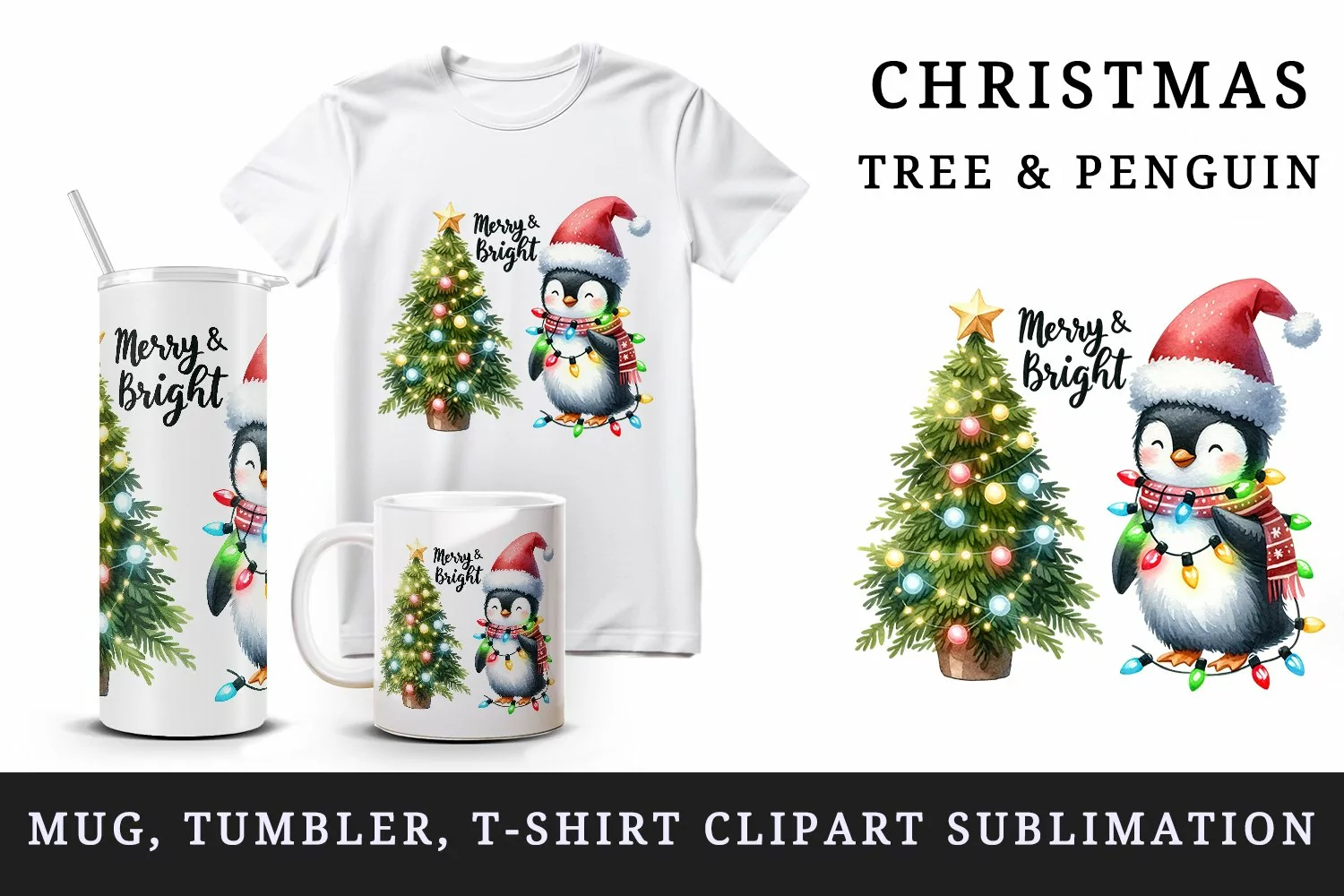 Watercolor cute penguin lights Christmas tree Merry Bright quote print 20 oz tumbler skinny mug wrap clipart t-shirt sublimation printable design