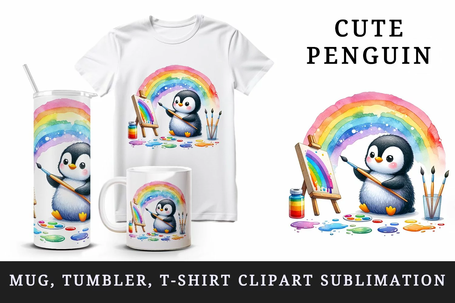 Watercolor cute penguin painting on canvas paint splatters colorful rainbow print tumbler skinny mug wrap clipart t-shirt sublimation printable design