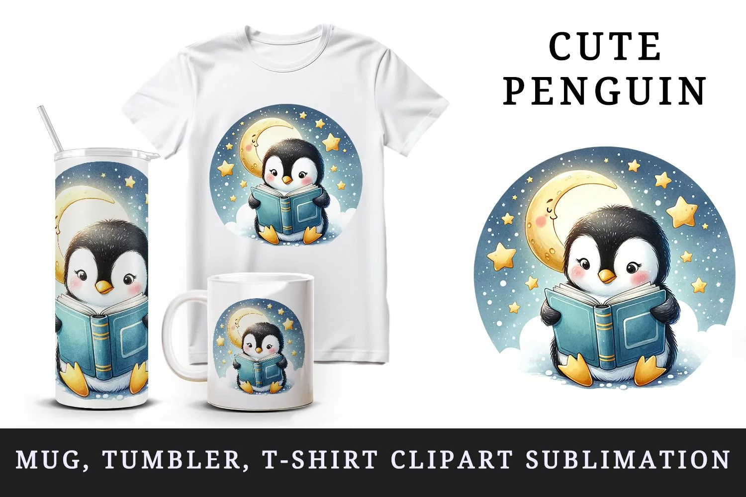 Watercolor cute penguin reading book under bright moon stars night print 20 oz tumbler skinny mug wrap clipart t-shirt sublimation printable design
