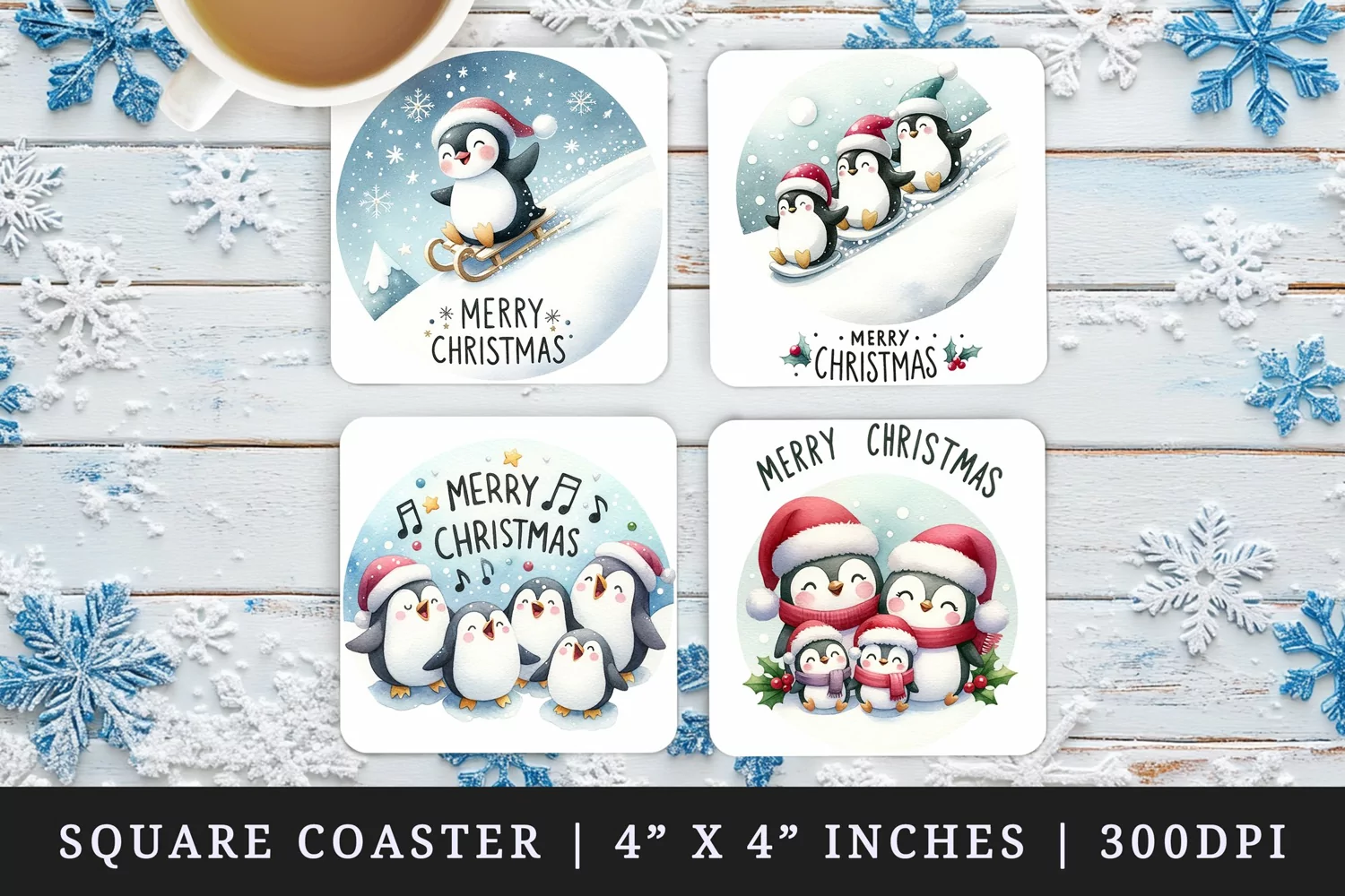 Watercolor cute penguin Santa hat family singing carols Merry Christmas quote New Year winter print square coaster mug coasters sublimation design