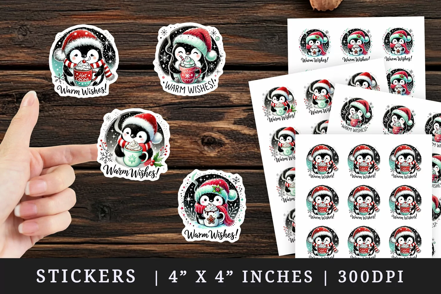 Watercolor cute penguin wearing Santa hat holding hot cocoa Christmas quote New Year winter print sticker sheet stickers printable sublimation design png
