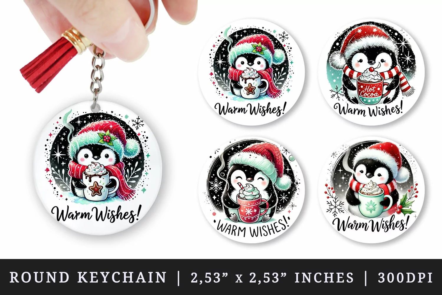 Watercolor cute penguin wearing Santa hat holding steaming hot cocoa Christmas quote New Year winter print round keychain keychains sublimation design