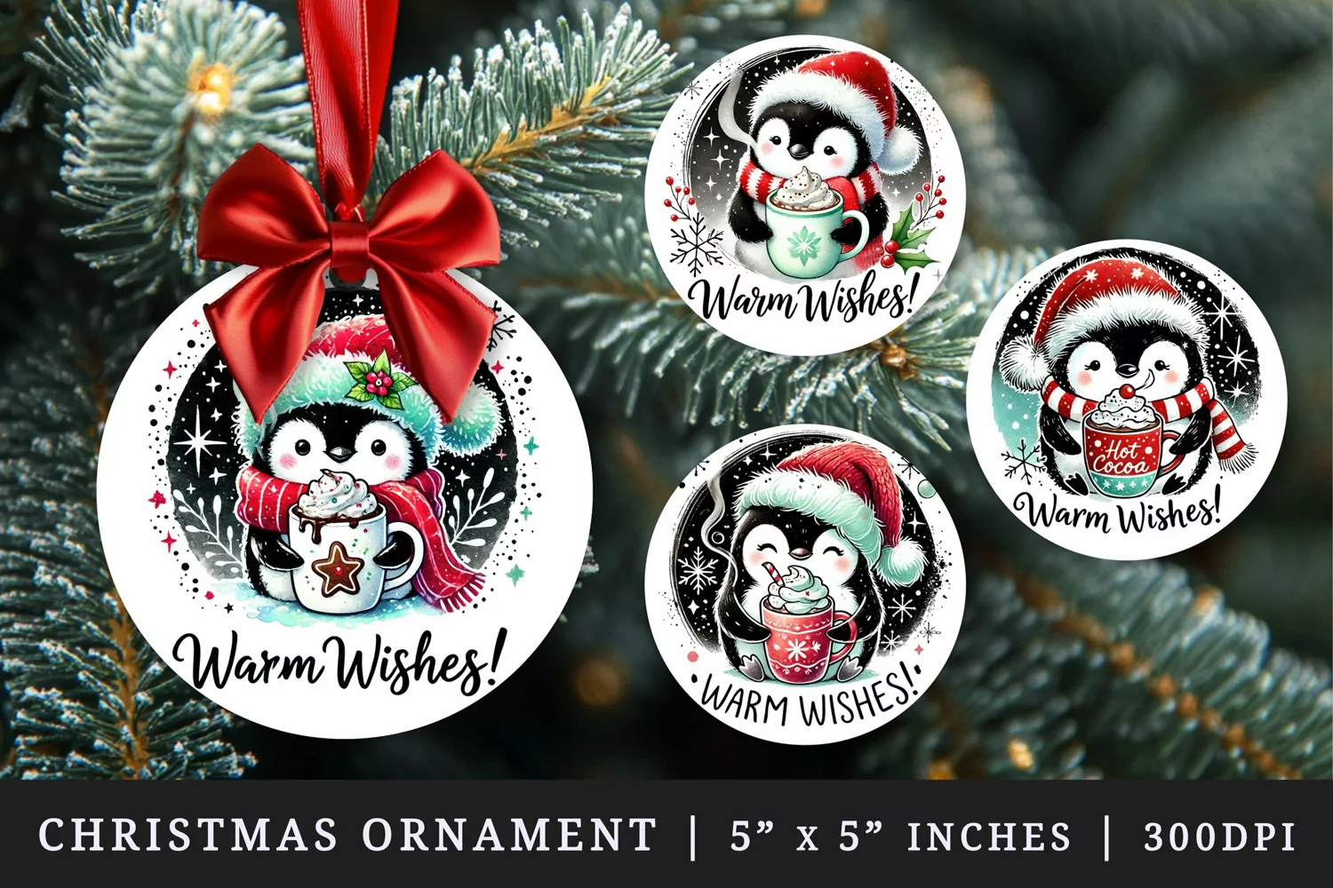 Watercolor cute penguin wearing Santa hat holding steaming hot cocoa Christmas quote New Year winter print round ornament ornaments sublimation design