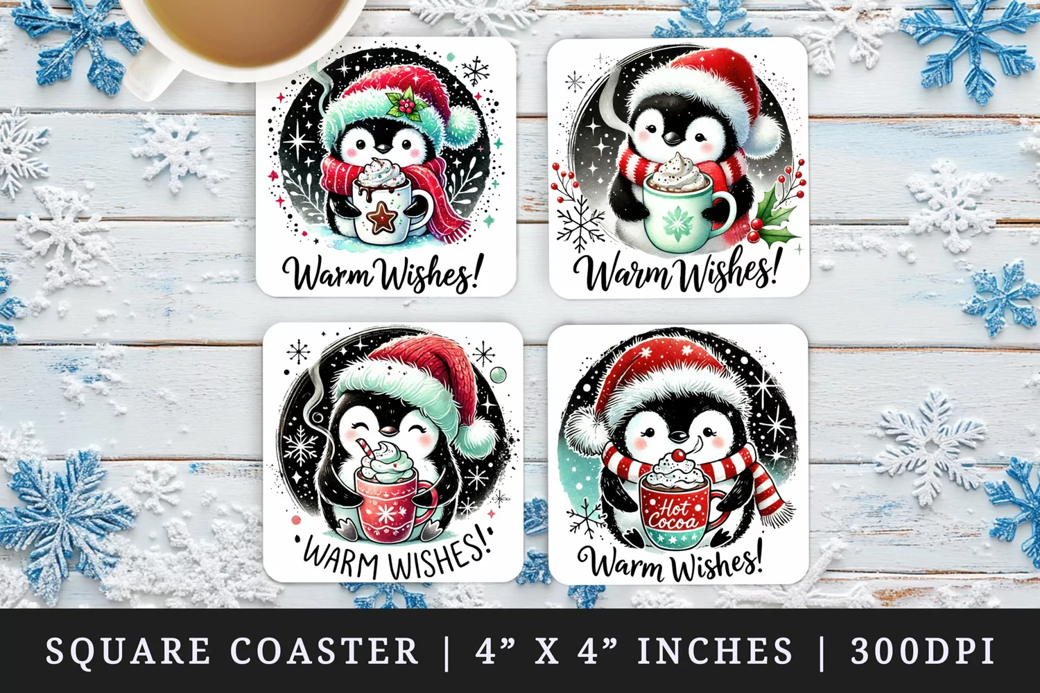 Watercolor cute penguin wearing Santa hat holding steaming hot cocoa Christmas quote New Year winter print square coaster mug coasters sublimation design