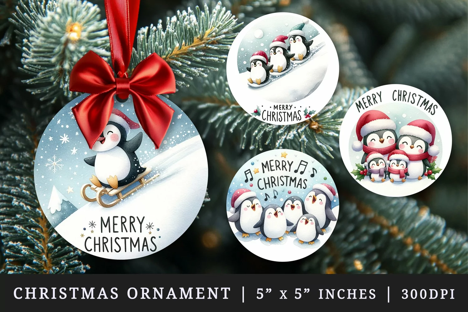 Watercolor cute penguin with Santa hat family singing carols Merry Christmas quote New Year winter print round ornament ornaments sublimation design