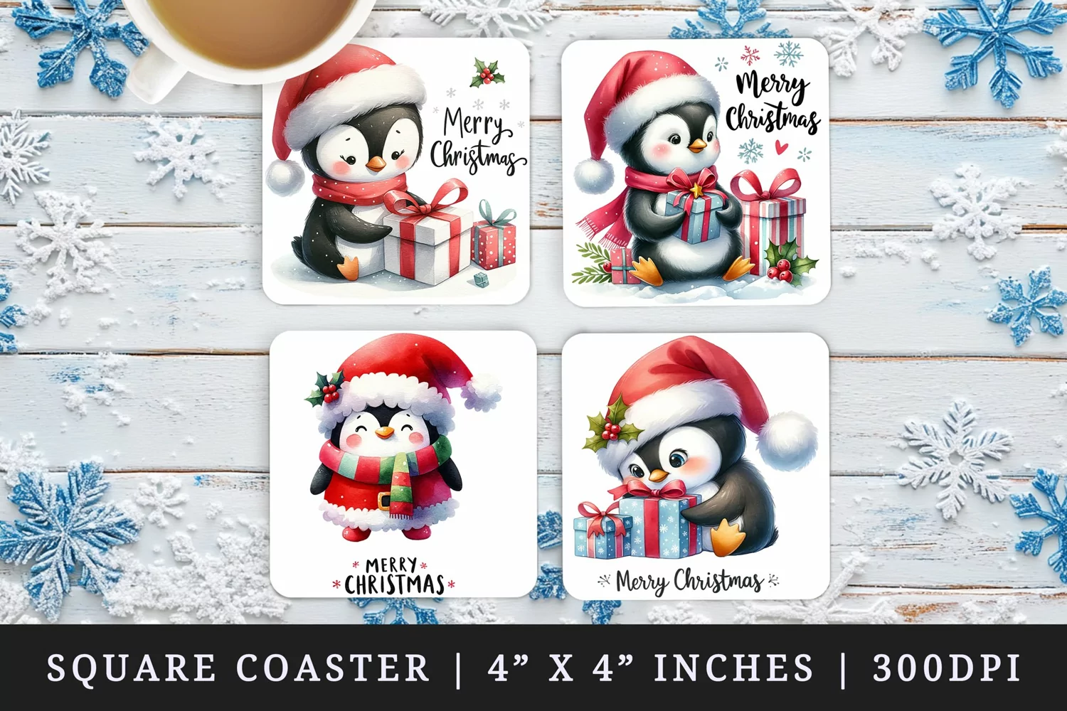 Watercolor cute penguin wrapping gifts wearing red Santa hat Merry Christmas quote New Year winter print square coaster mug coasters sublimation design
