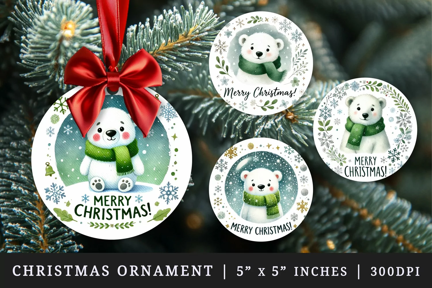 Watercolor cute polar bear green scarf snowflakes sparkles Merry Christmas quote New Year winter print round ornament ornaments sublimation design
