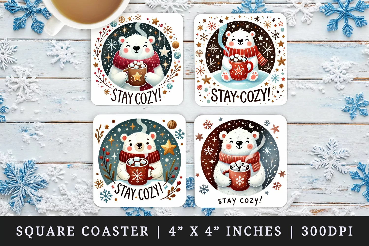 Watercolor cute polar bear holding hot cocoa with marshmallows Christmas quote New Year winter print square coaster mug coasters sublimation design