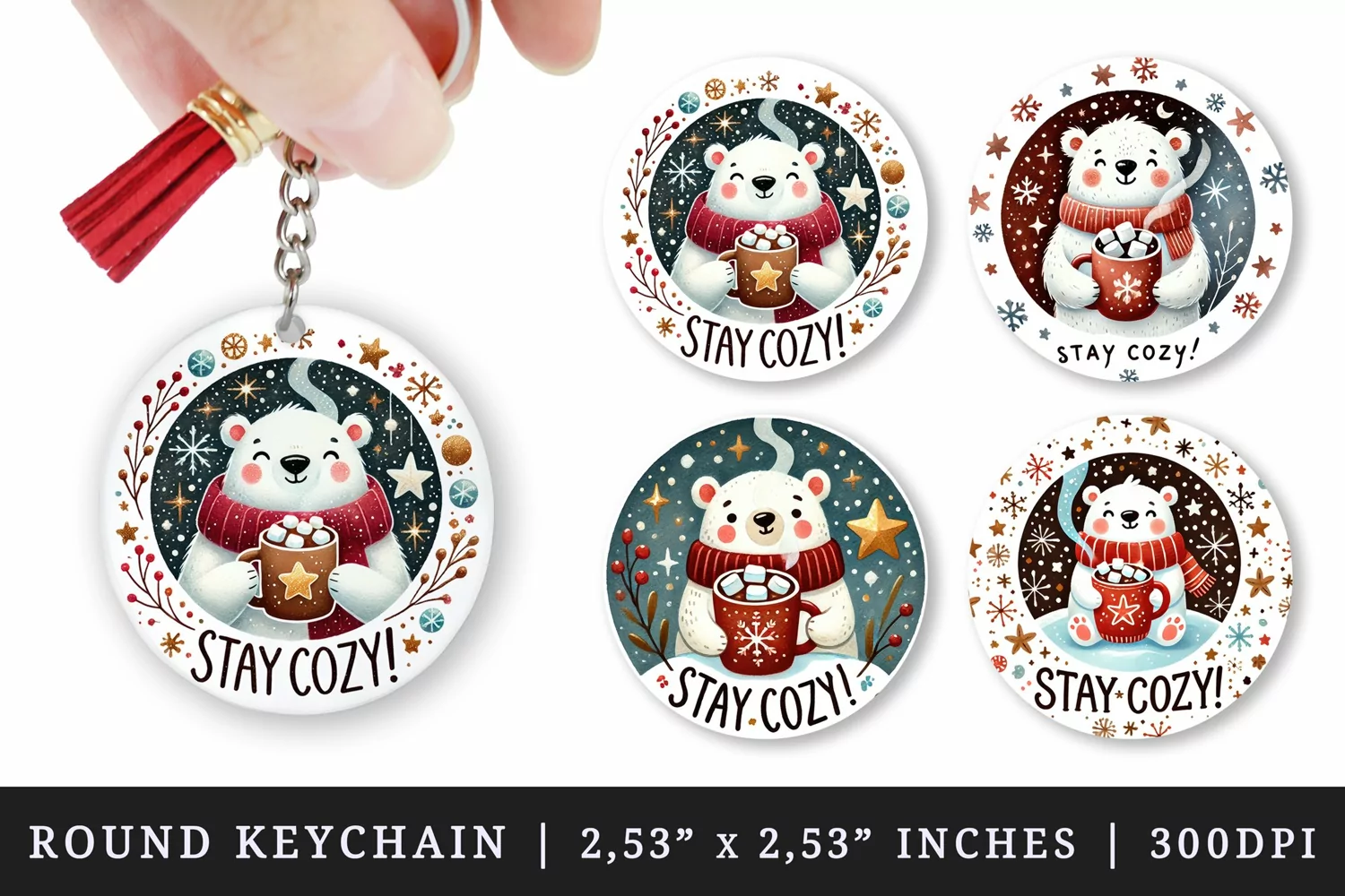 Watercolor cute polar bear holding mug of hot cocoa marshmallows Christmas quote New Year winter print round keychain keychains sublimation design