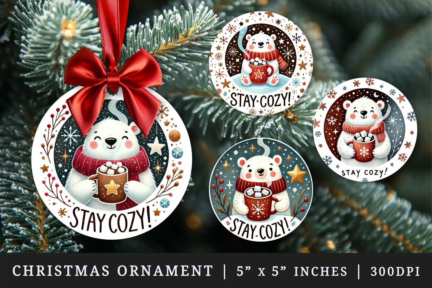 Watercolor cute polar bear holding mug of hot cocoa with marshmallows Christmas quote New Year winter print round ornament ornaments sublimation design