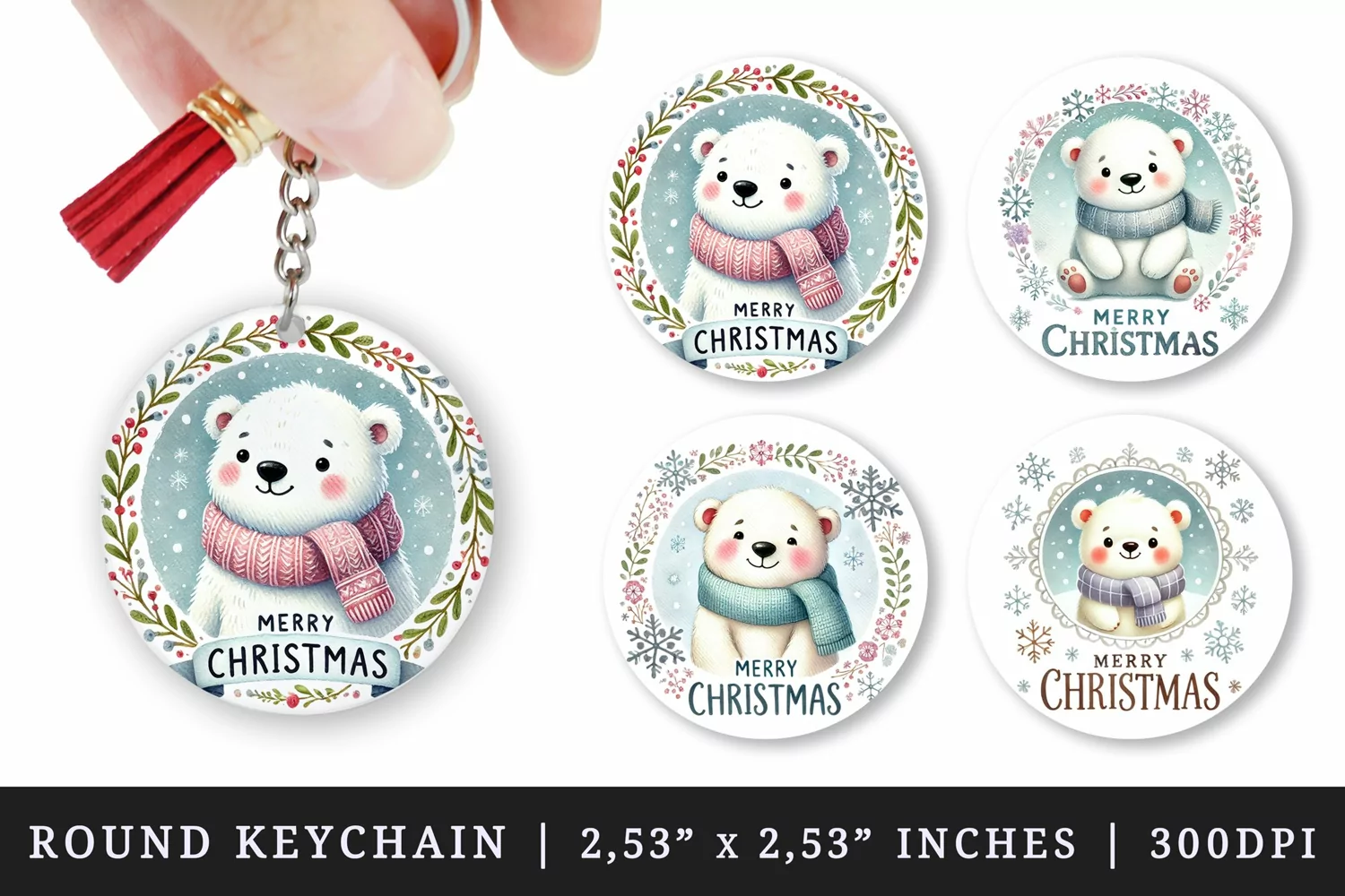 Watercolor cute polar bear in scarf snowflakes quote Merry Christmas quote Christmas New Year winter print round keychain keychains sublimation design